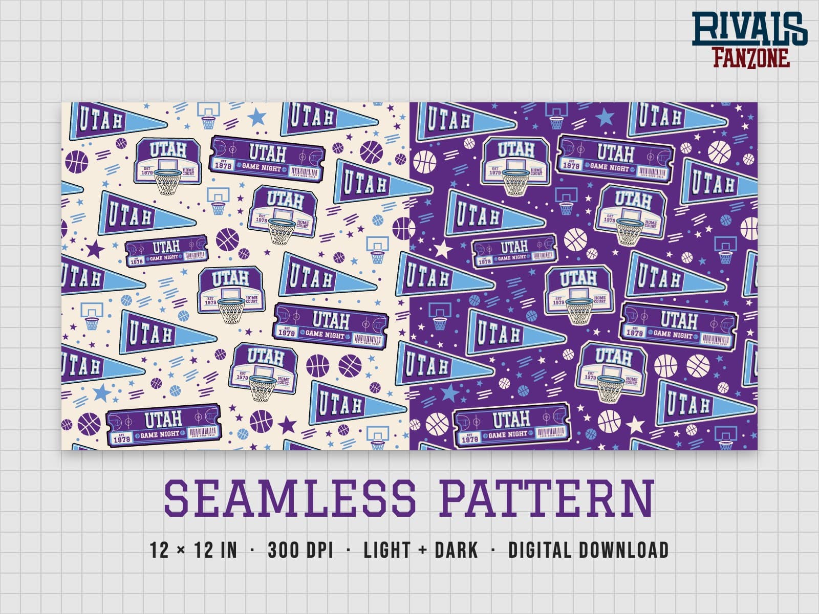 Utah Basketball Seamless Pattern – 12x12 Digital Paper, Light & Dark — preview 1