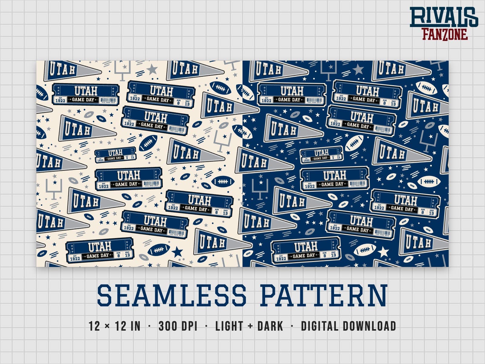 Utah Football Seamless Pattern (Navy & Silver) – 12x12 Digital Paper, Light & Dark — preview 1