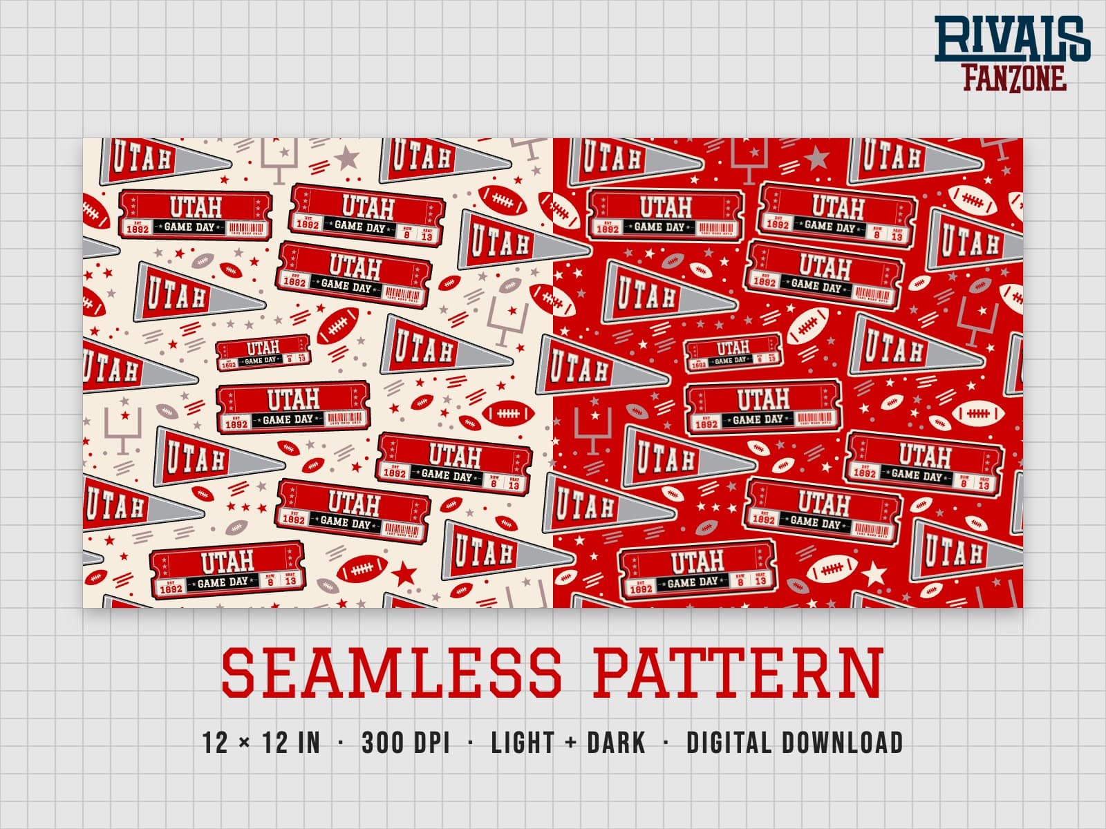 Utah Football Seamless Pattern – 12x12 Digital Paper, Light & Dark — preview 1