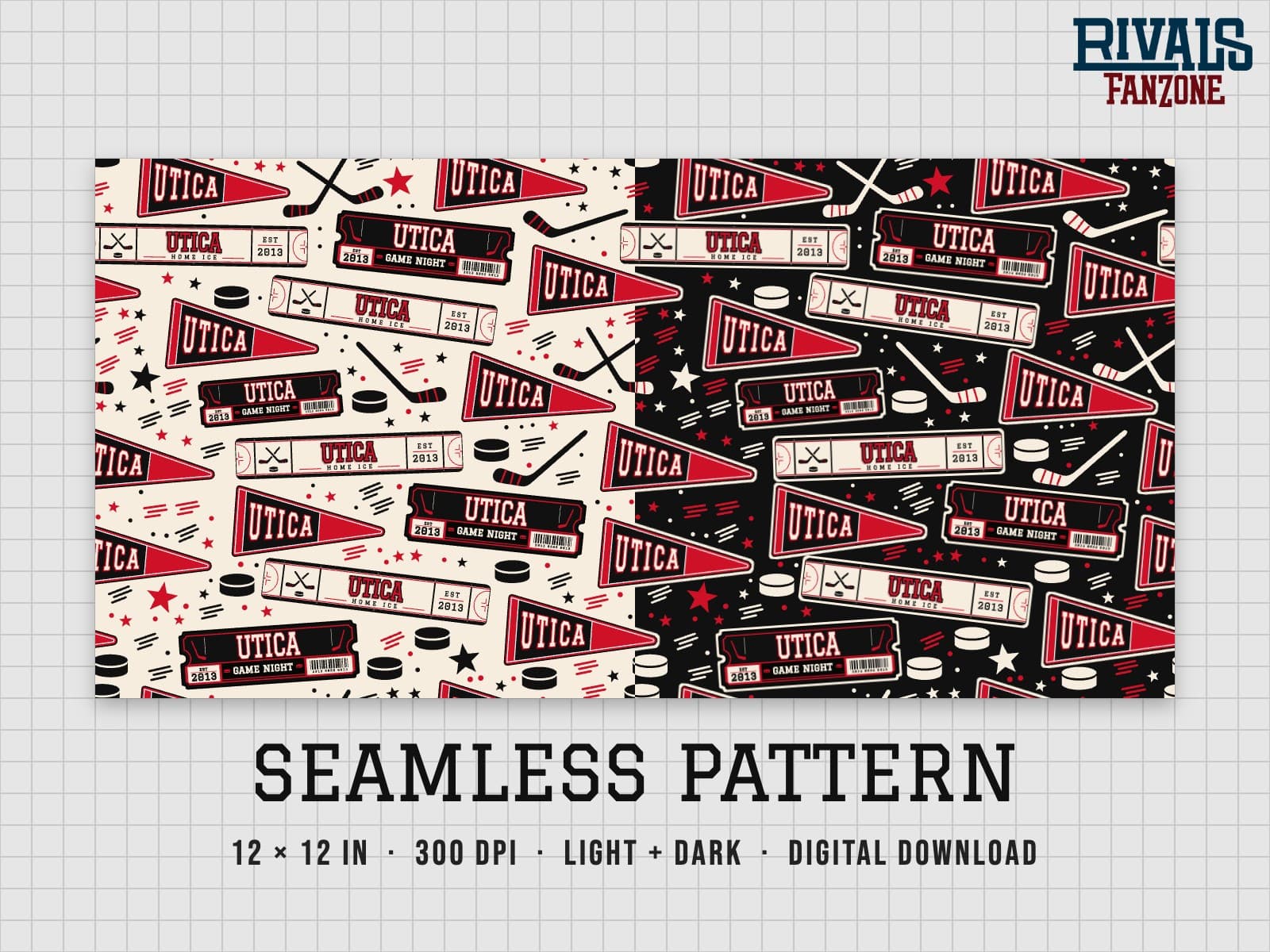 Utica Farm Team Hockey Seamless Pattern – 12x12 Digital Paper, Light & Dark — preview 1