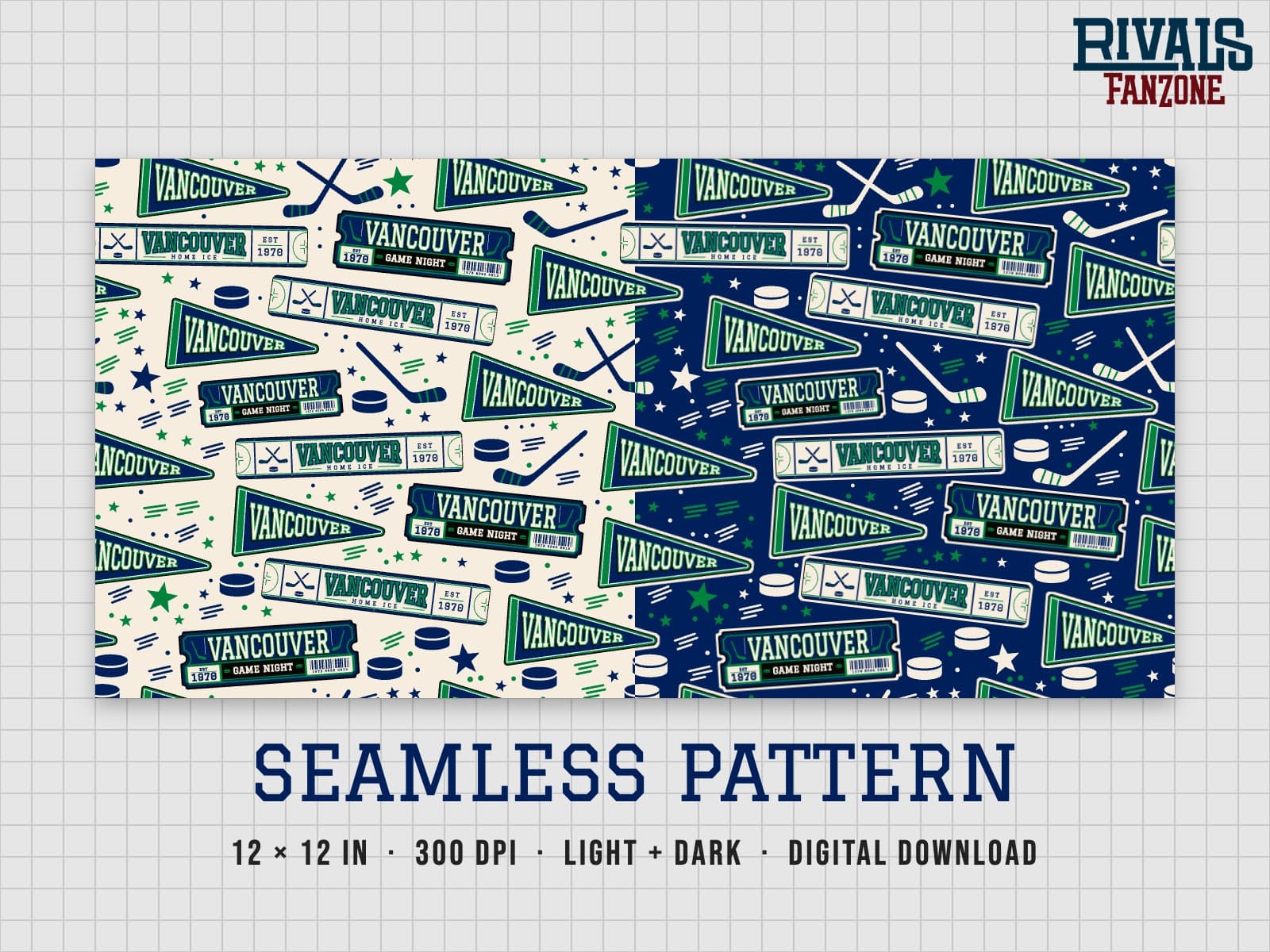 Vancouver Hockey Seamless Pattern – 12x12 Digital Paper, Light & Dark — preview 1