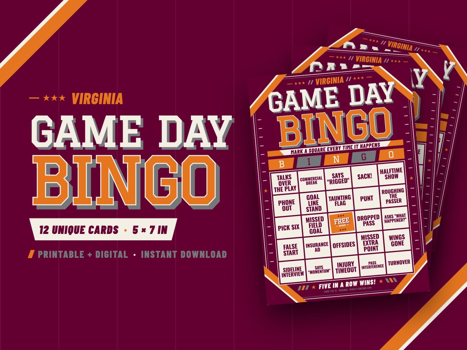 Virginia Football Bingo (Maroon & Orange) – 12 Card Pack — preview 1