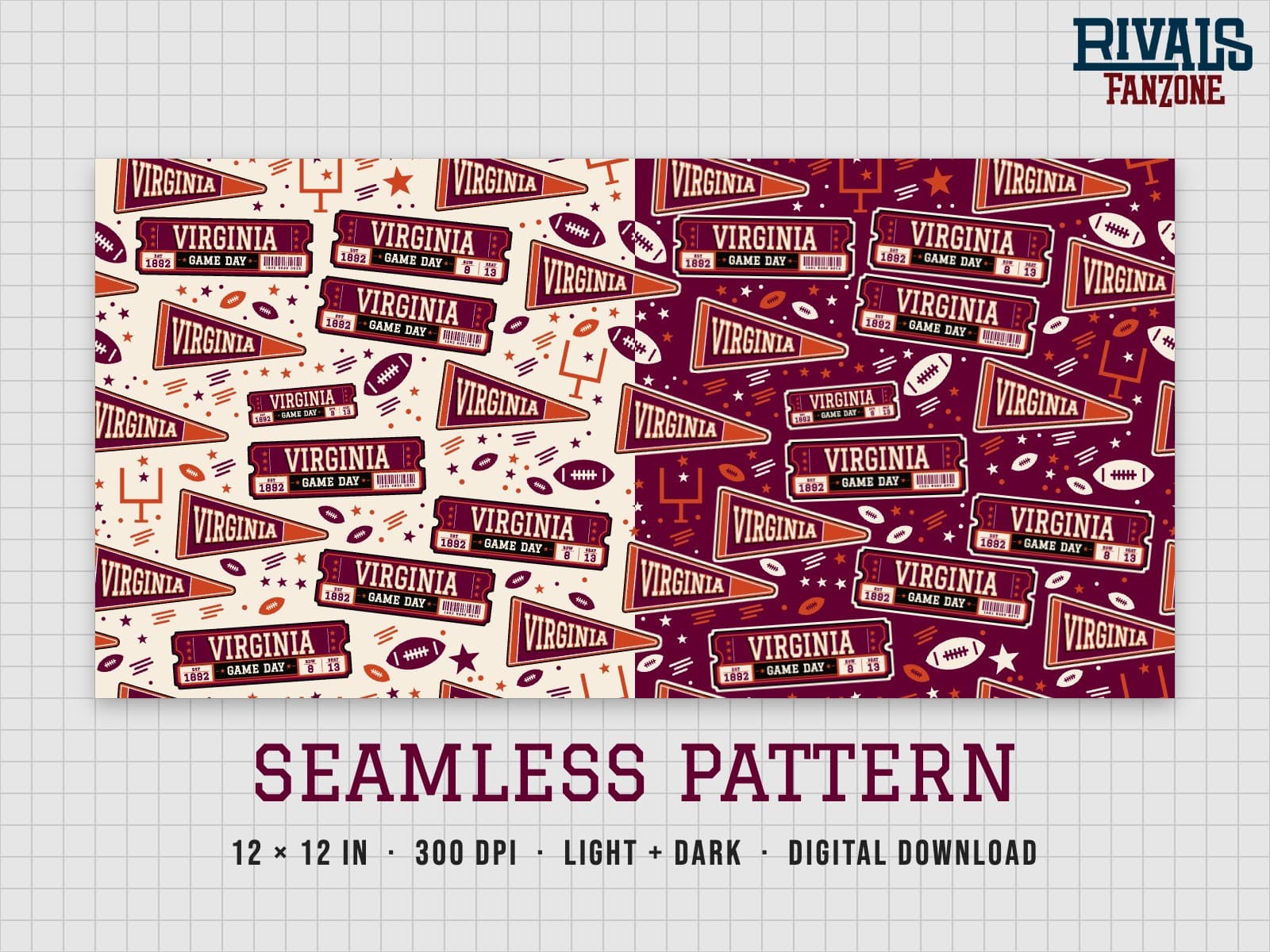 Virginia Football Seamless Pattern (Maroon & Orange) – 12x12 Digital Paper, Light & Dark — preview 1