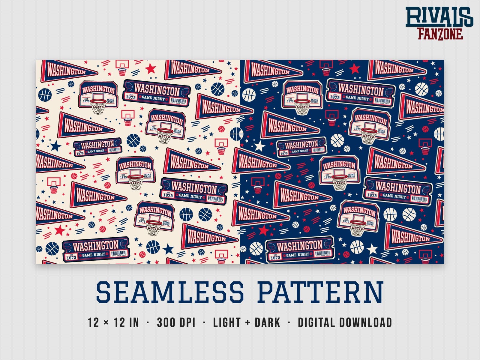 Washington Basketball Seamless Pattern – 12x12 Digital Paper, Light & Dark — preview 1