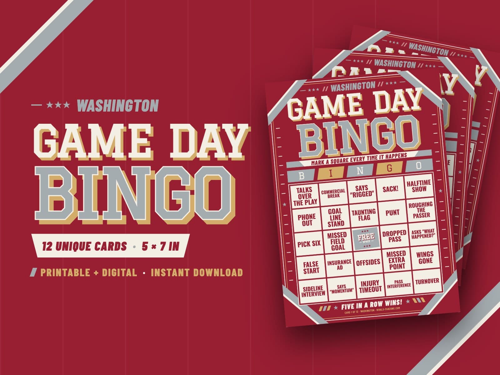 Washington Football Bingo (Crimson & Gray) – 12 Card Pack — preview 1