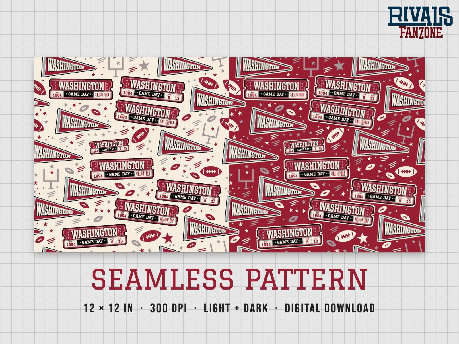 Washington Football Seamless Pattern (Crimson & Gray) – 12x12 Digital Paper, Light & Dark — preview 1