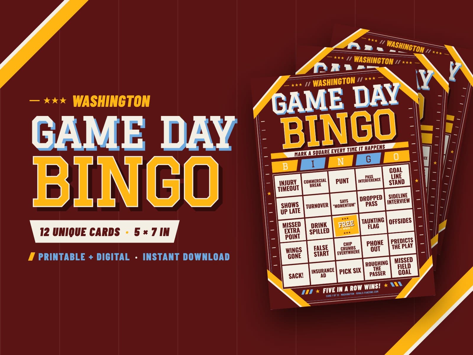 Washington Game Day Bingo – 12 Card Pack — preview 1