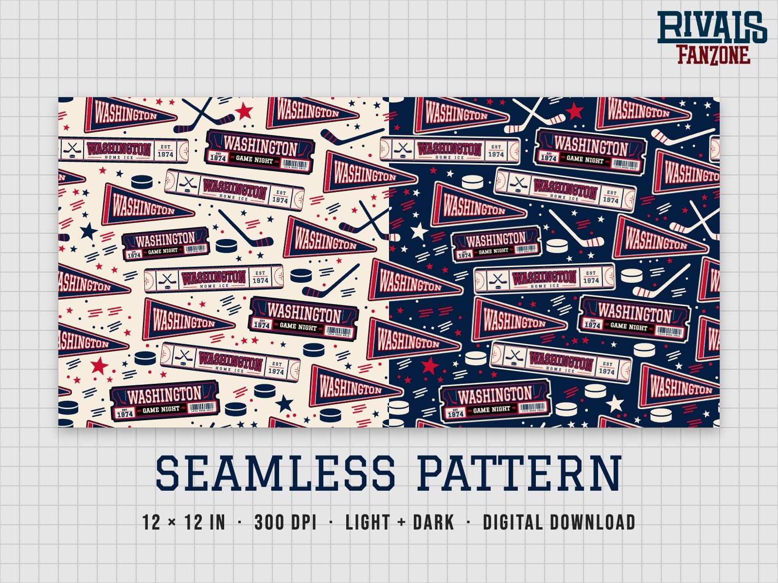 Washington Hockey Seamless Pattern – 12x12 Digital Paper, Light & Dark — preview 1