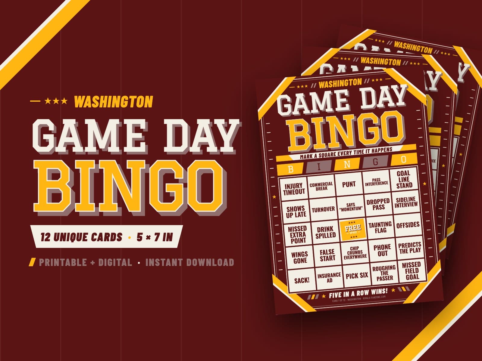 Washington Football Bingo – 12 Card Pack — preview 1