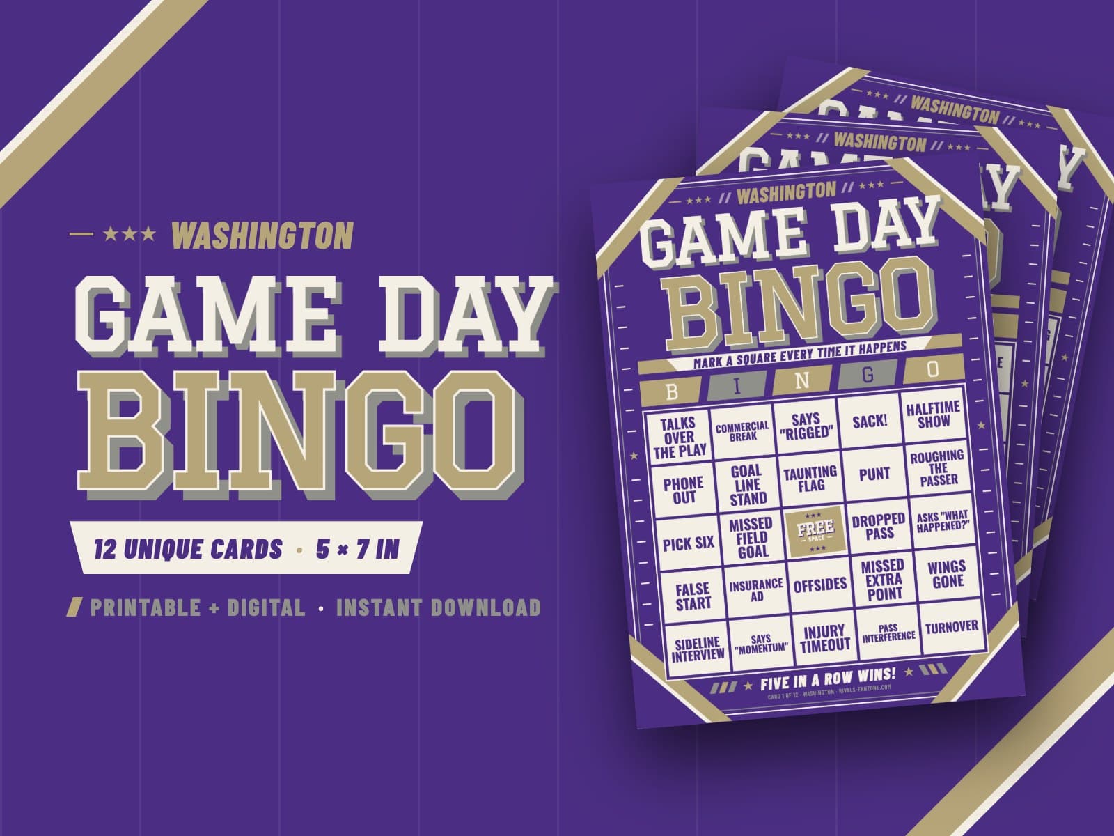 Washington Football Bingo (Purple & Gold) – 12 Card Pack — preview 1