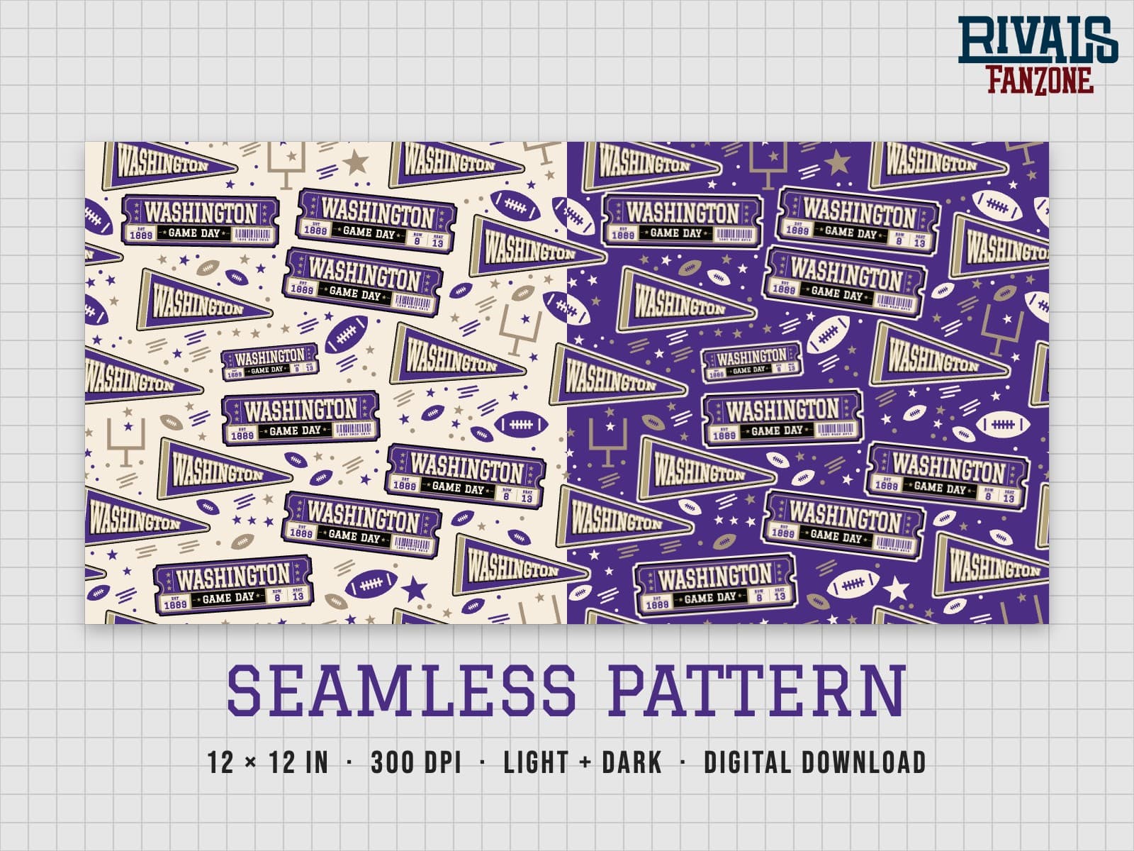 Washington Football Seamless Pattern (Purple & Gold) – 12x12 Digital Paper, Light & Dark — preview 1
