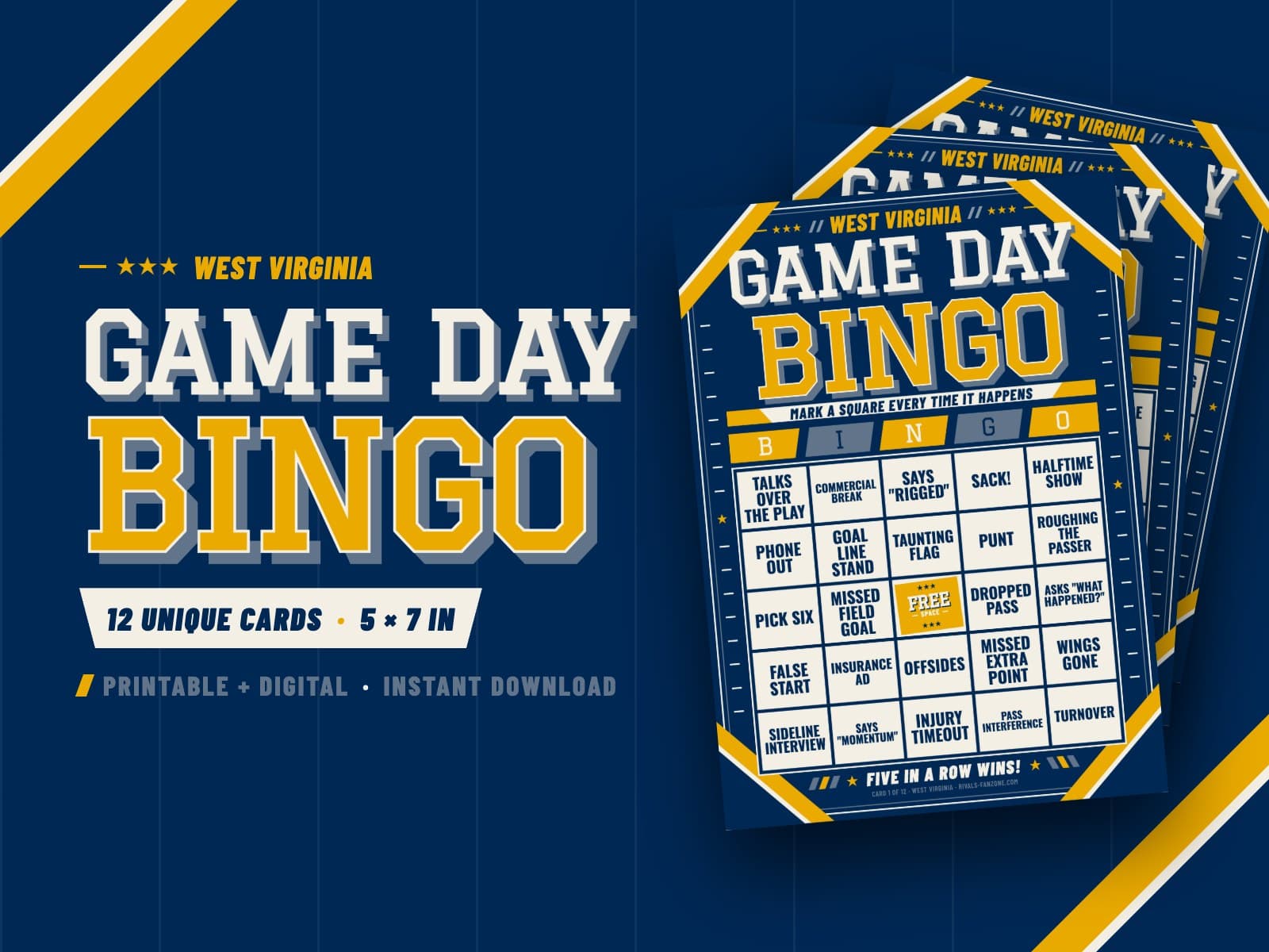 West Virginia Football Bingo – 12 Card Pack — preview 1