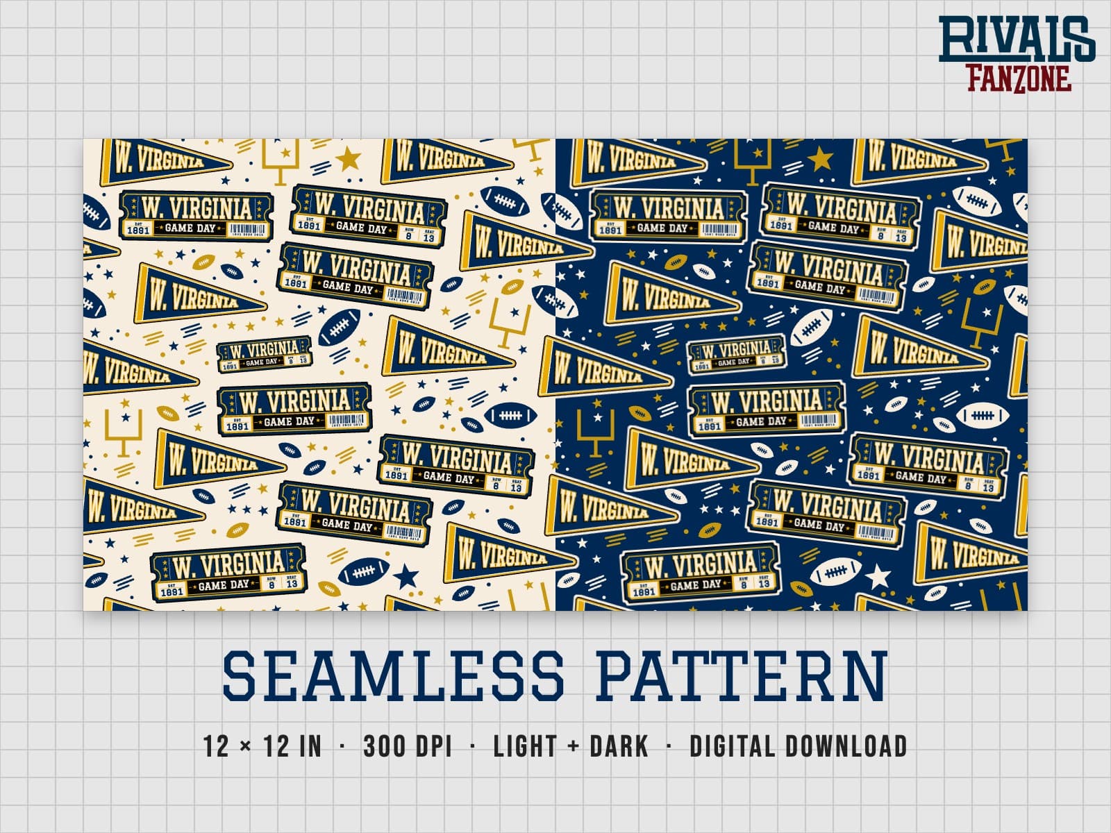 West Virginia Football Seamless Pattern – 12x12 Digital Paper, Light & Dark — preview 1