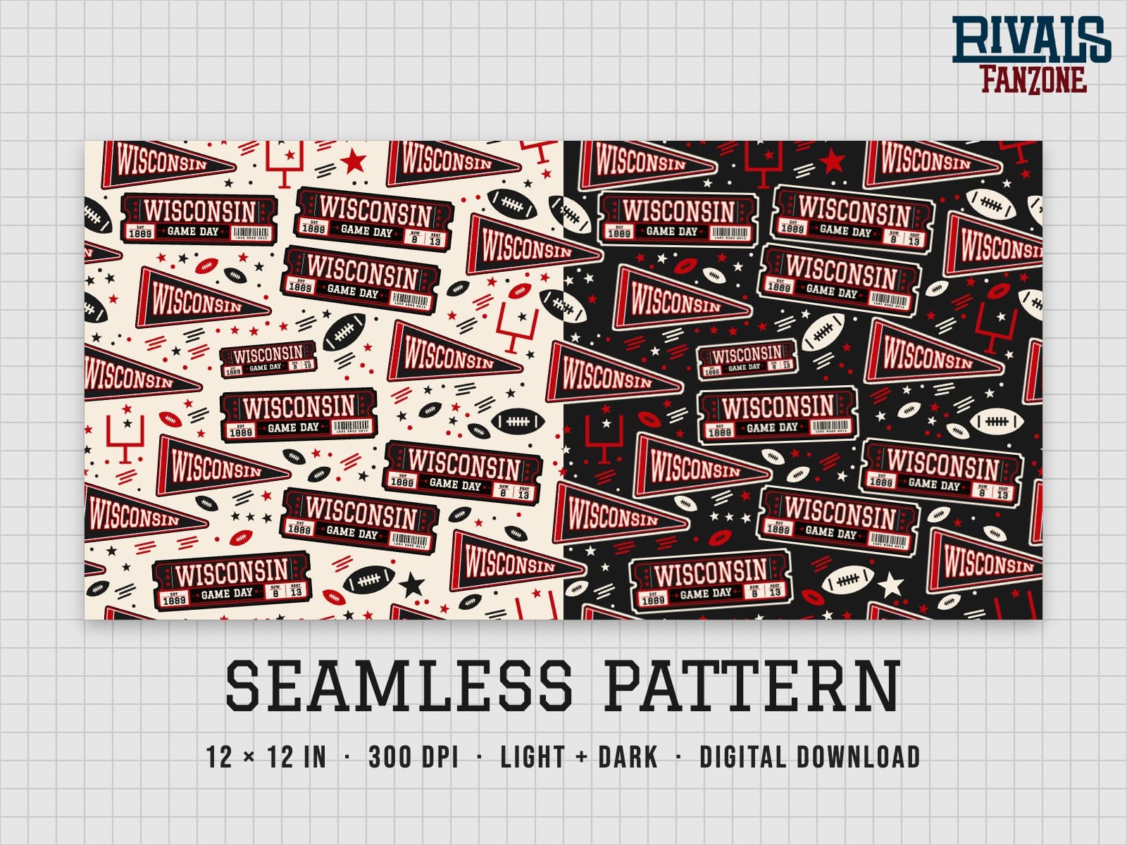 Wisconsin Football Seamless Pattern – 12x12 Digital Paper, Light & Dark — preview 1